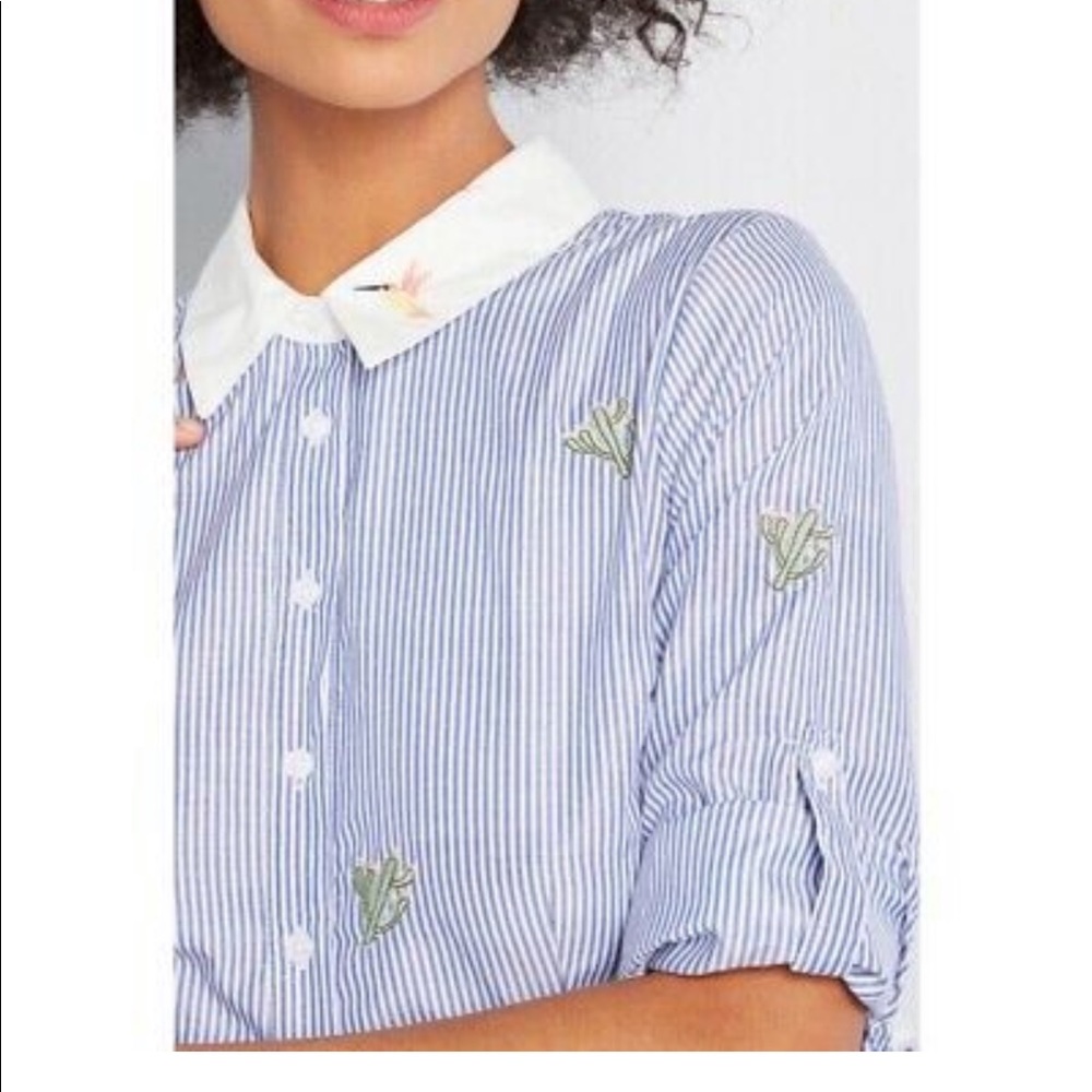 Modcloth Blue & White Striped Midi Shirt Dress with Green Embroidery - Picture 5 of 7